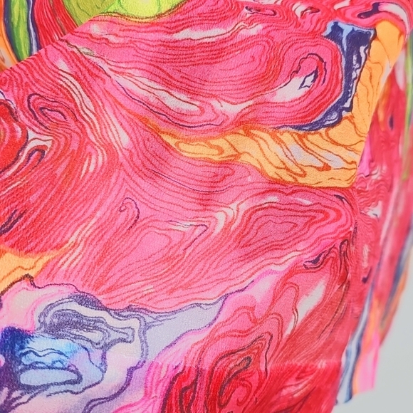 Vtg Carol Henry 70s Vibrant Marbled Sheer Button Up, LS, Large, Pink Blue Orange - Picture 6 of 10